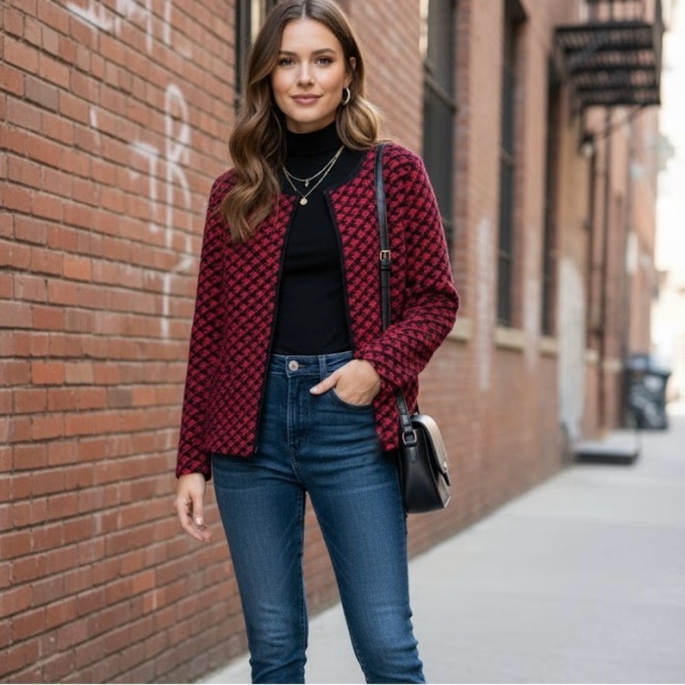 Talbots Red Black Wool Blend Tweed Cardigan Jacket Careerwear Bouclé Size S